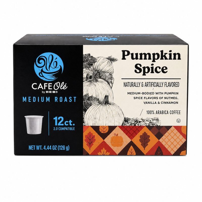 Box of H-E-B Café Olé Pumpkin Spice Medium Roast Coffee Pods 12 count featuring pumpkin illustrations and autumnal geometric patterns.