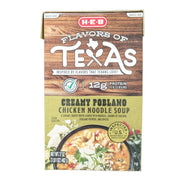 A 17-ounce carton of H-E-B "Flavors of Texas" Creamy Poblano Chicken Noodle Soup. The packaging includes a "12g Protein" label and a light green bottom section. A serving suggestion shows a rich, creamy soup with chicken, noodles, and diced poblano peppers.