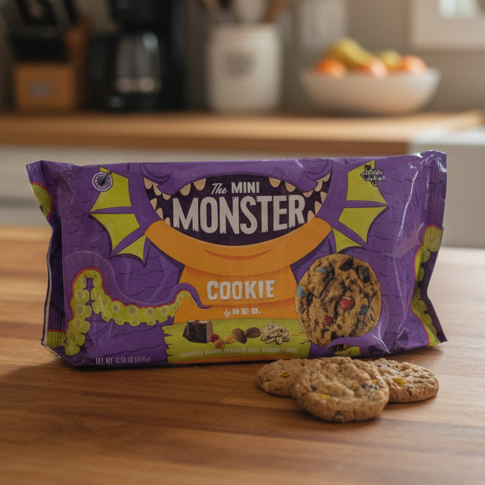 HEB Mini Monster Cookies package featuring cookies with chocolate chunks, chocolate gems, almonds, and oats in purple packaging on a kitchen counter with 3 cookies displayed in front of the package of cookies.