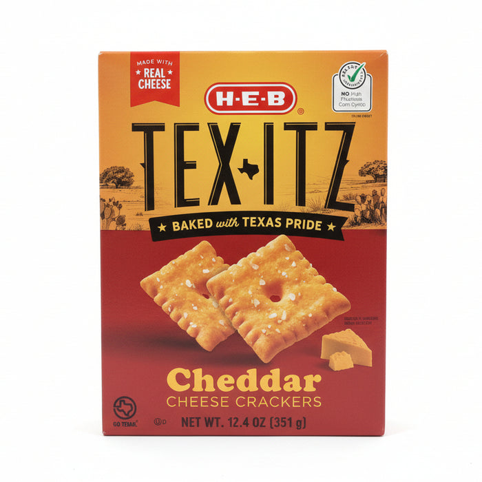 A box of Tex-Itz Cheese Crackers in Cheddar flavor displayed on a clean white background.