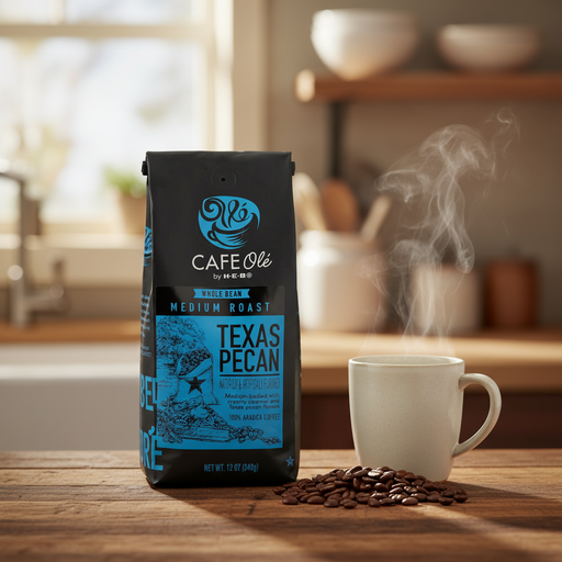 A package of H-E-B whole bean medium roast Texas Pecan flavored coffee.