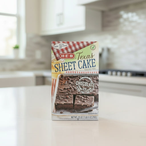 H-E-B Texas Sheet Cake mix packaging on a kitchen counter