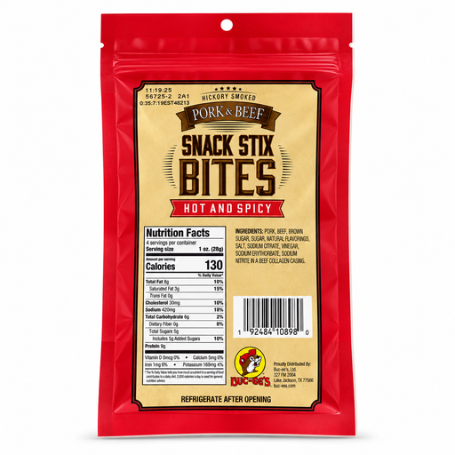 Back of the Buc-ee's Hot and Spicy Snack Stix Bites bag with nutrition facts