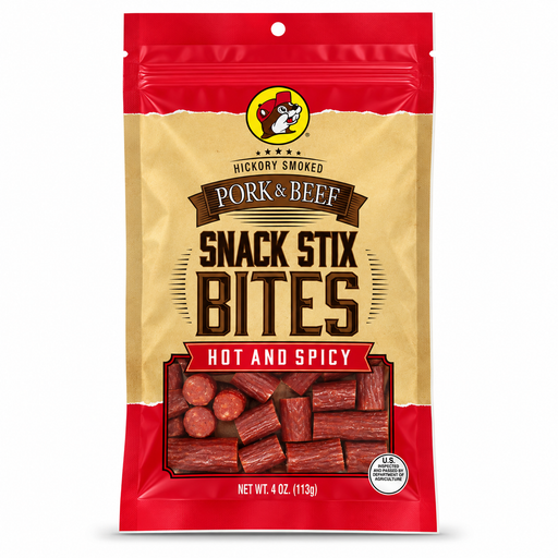 Bag of Buc-ee's Hot and Spicy Pork & Beef Snack Stix Bites, front view