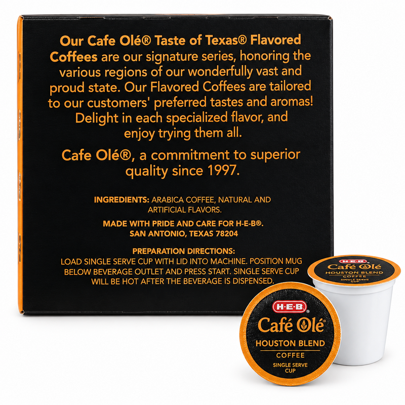Side panel of the Cafe Olé Houston Blend pods box with a single pod