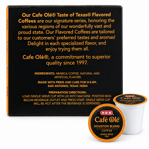 Side panel of the Cafe Olé Houston Blend pods box with a single pod