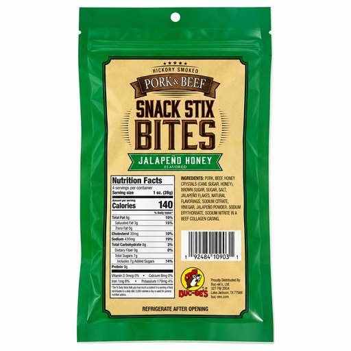 Back of the Buc-ee's Jalapeño Honey Snack Stix Bites bag with nutrition facts