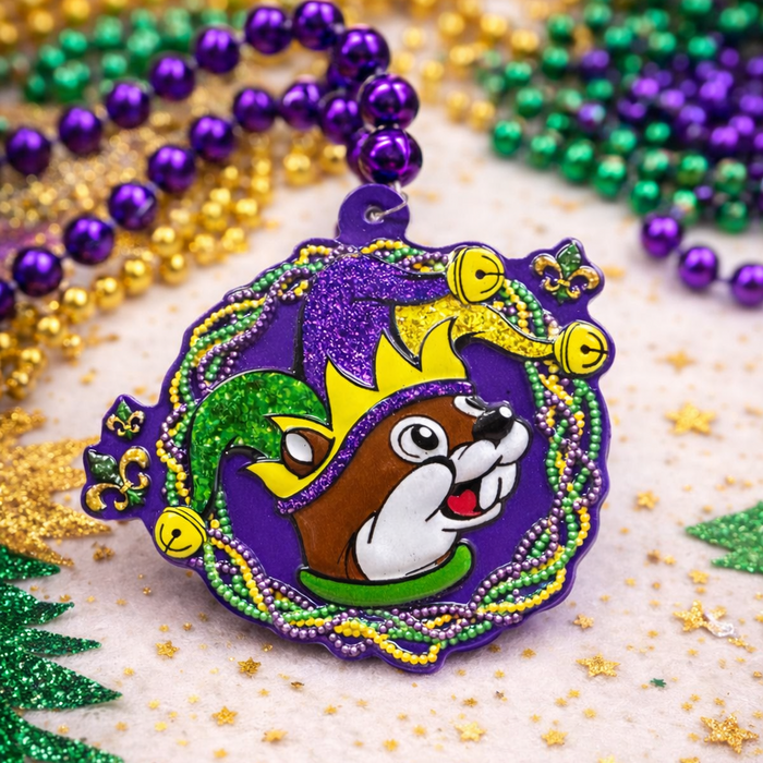 Mardi Gras Buc-ee’s Bead Necklace – Purple, Green & Gold Beaver Medallion

