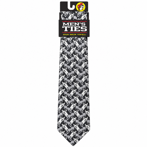 Gray monochrome silk Buc-ee's necktie with Buc-ee the Beaver pattern, packaged