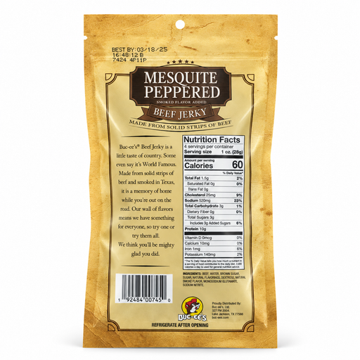 Back of the Buc-ee's Mesquite Peppered Beef Jerky bag showing nutrition facts