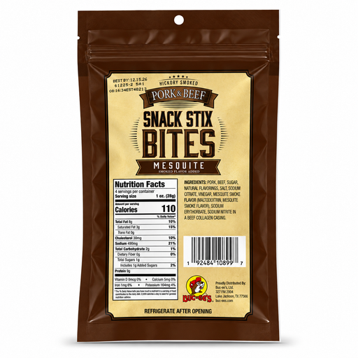 Back of the Buc-ee's Mesquite Snack Stix Bites bag with nutrition facts
