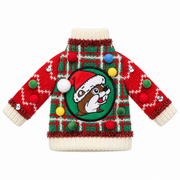 Plaid ugly Christmas wine bottle sweater with Santa Buc-ee and pom-poms