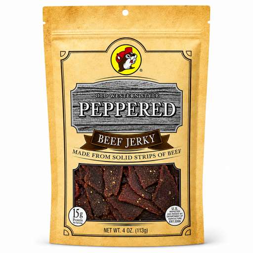 A 4 oz bag of Buc-ee's Old Western Style Peppered Beef Jerky, featuring its signature tan packaging with a clear window showing the dark reddish-brown jerky strips inside.