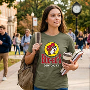 Olive Green Buc-ee's Location Shirt Denton TX on a woman at college.