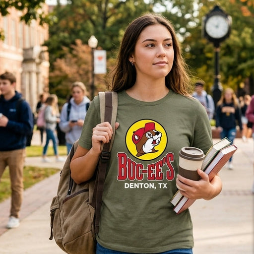 Olive Green Buc-ee's Location Shirt Denton TX on a woman at college.