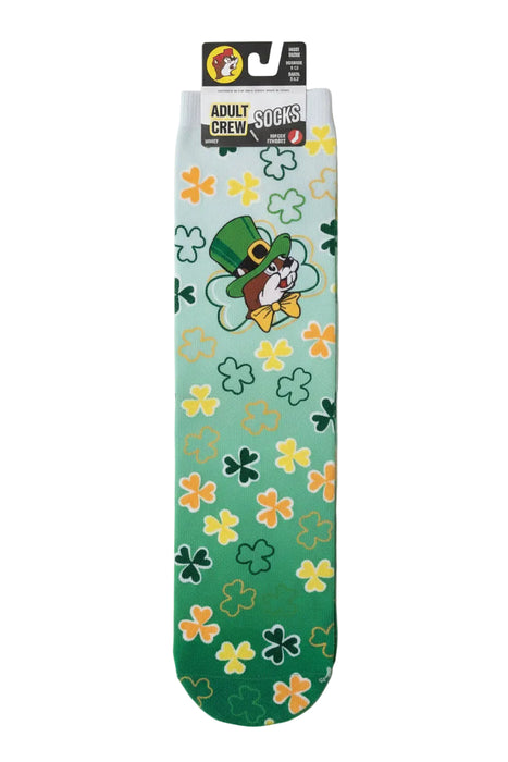 Ombre St Patricks Day Crew Socks with Bucee and four leaf clover.