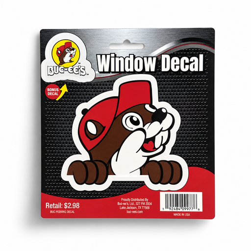 Buc-ee's window decal of Buc-ee the Beaver's face only, in black and red package