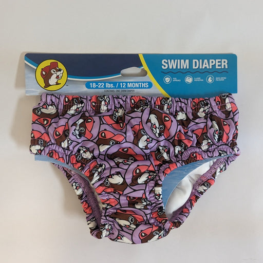 Purple Buc-ee the Beaver print swim diaper in packaging, second size option