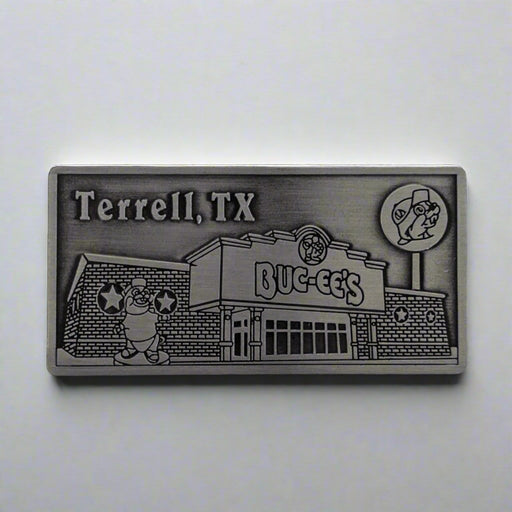Pewter Buc-ee's Terrell, TX metal location magnet with storefront relief