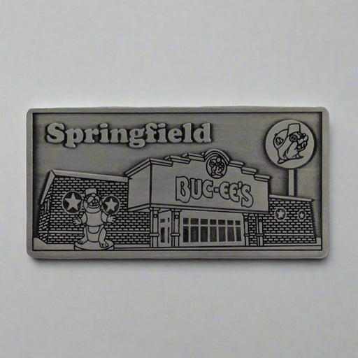 Pewter Buc-ee's Springfield metal location magnet with storefront relief
