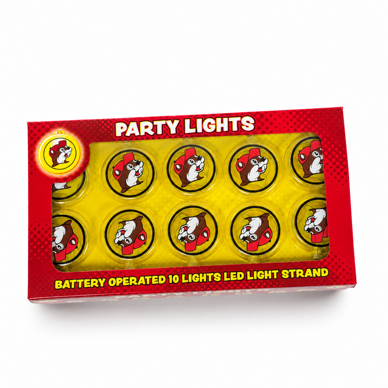 Buc-ee's Party Lights 10-light LED strand with Buc-ee the Beaver covers in its box