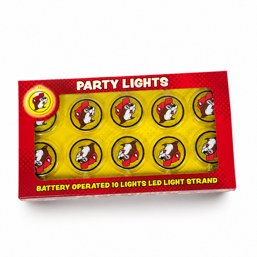 Buc-ee's Party Lights 10-light LED strand with Buc-ee the Beaver covers in its box
