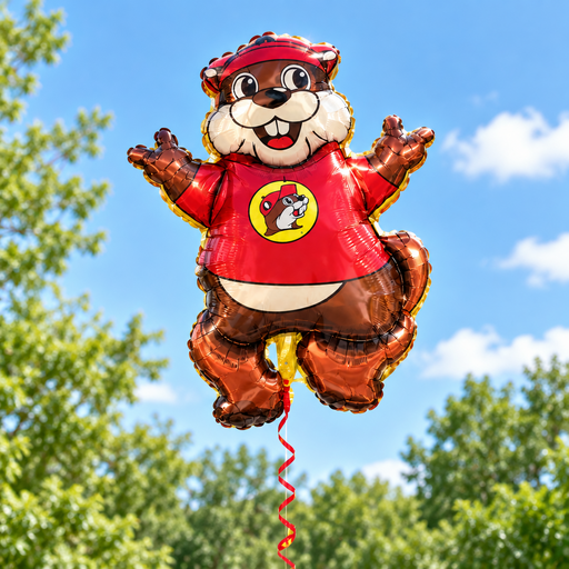 Buc-ee the Beaver figure mylar balloon floating against a blue sky and trees