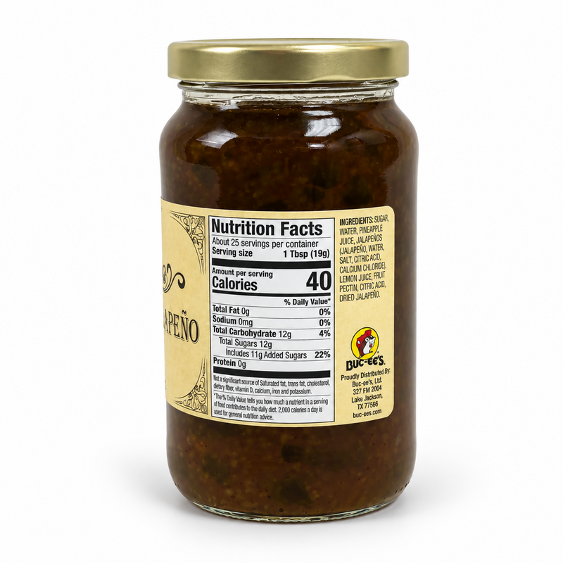 Back of the Buc-ee's Pineapple Jalapeño Jelly jar showing nutrition facts on white