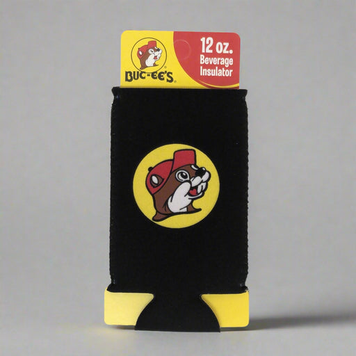 Black 12 oz Buc-ee's koozie with yellow Buc-ee the Beaver logo and red tag, on gray