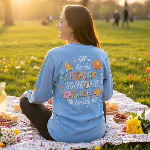 Blue long-sleeve shirt with text and graphics on a mannequin against a white backdrop.