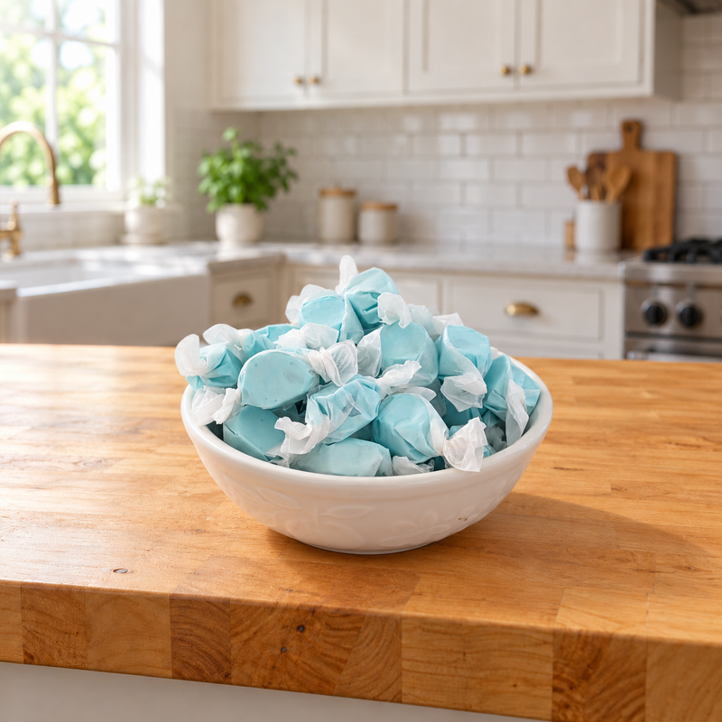 A white ceramic bowl filled with light blue wrapped candies or soaps, placed on a wooden kitchen countertop with a bright kitchen in the background.