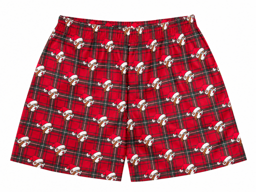 Red plaid 2026 Buc-ee's Christmas boxers with Santa Buc-ee pattern, laid flat on white
