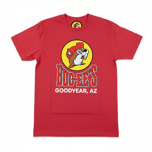 Red t-shirt with Buc-ee's logo on a white background