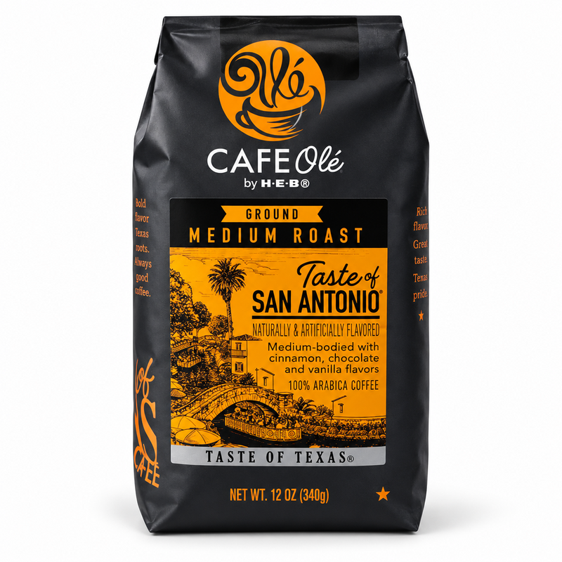 Bag of H-E-B Cafe Olé Taste of San Antonio ground coffee on white