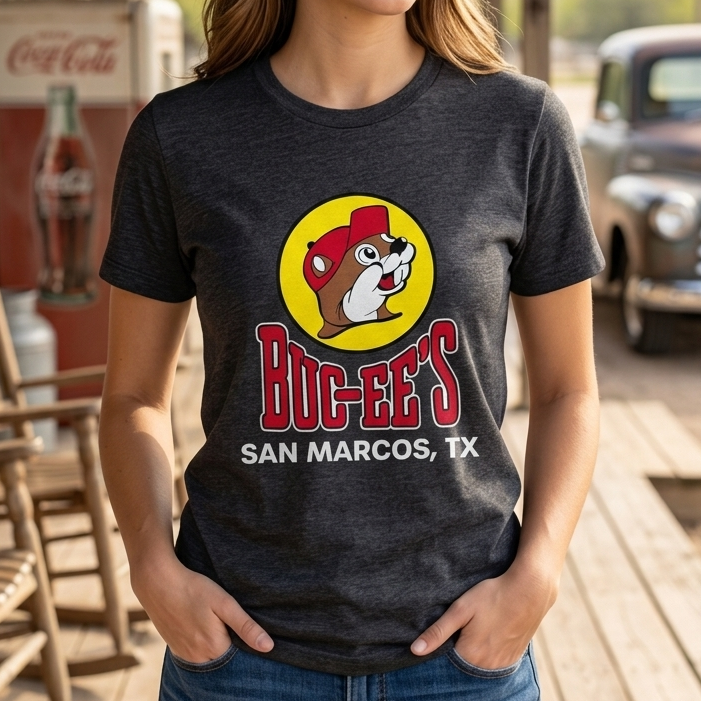 A woman stands on a wooden porch wearing a dark charcoal heather graphic t-shirt with a 'Buck-ee's San Marcos, TX' logo. The shirt features a cartoon beaver mascot inside a yellow circle.