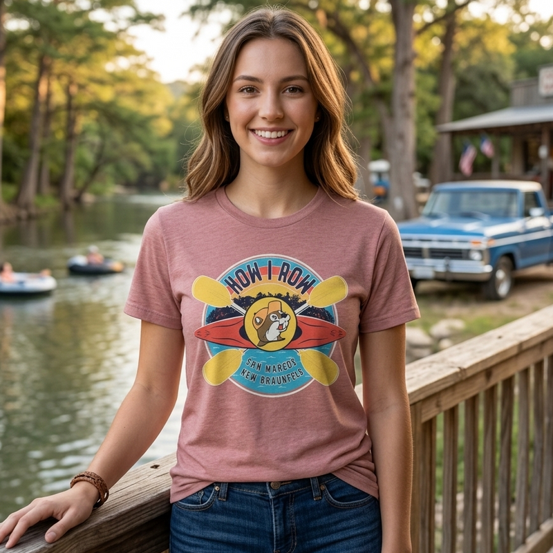 A smiling young woman stands on a wooden dock by a lake wearing a dusty rose graphic t-shirt with a cartoon dog and the words 'HOW I ROW'. The background shows a scenic outdoor setting with trees, a blue pickup truck, and people floating on rafts.