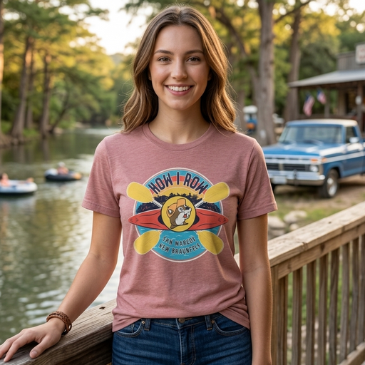 A smiling young woman stands on a wooden dock by a lake wearing a dusty rose graphic t-shirt with a cartoon dog and the words 'HOW I ROW'. The background shows a scenic outdoor setting with trees, a blue pickup truck, and people floating on rafts.