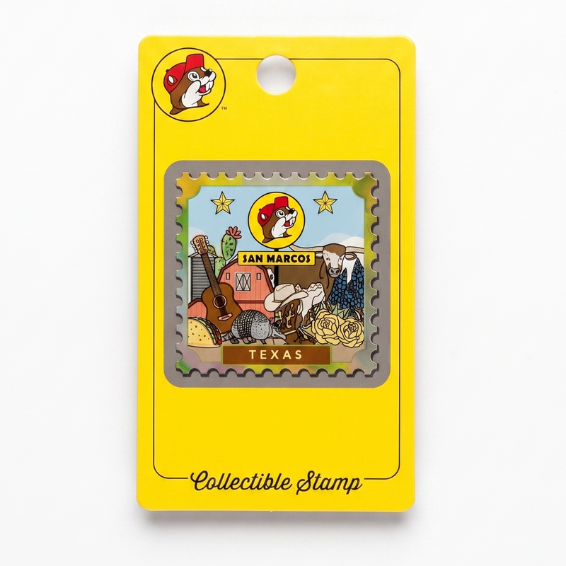 A collectible enamel stamp featuring a Texas-themed illustration with the text 'JAN PARCO' and 'TEXAS', mounted on a bright yellow backing card with a circular mouse logo and the words 'Collectible Stamp' at the bottom.