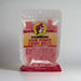 A package of Buc-ee's Sour Power Candy Belts, with watermelon flavor, visible through the clear plastic of the bag. The bag is labeled with the product name and the flavor, and features the Buc-ee's logo at the top.