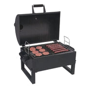 A black Steel Horse Outdoor Portable Charcoal Grill shown with its lid open, featuring a heavy-duty mesh cooking grate with several burger patties and sausages grilling over coals, and a large carrying handle on the lid. Displayed with a clean white background.