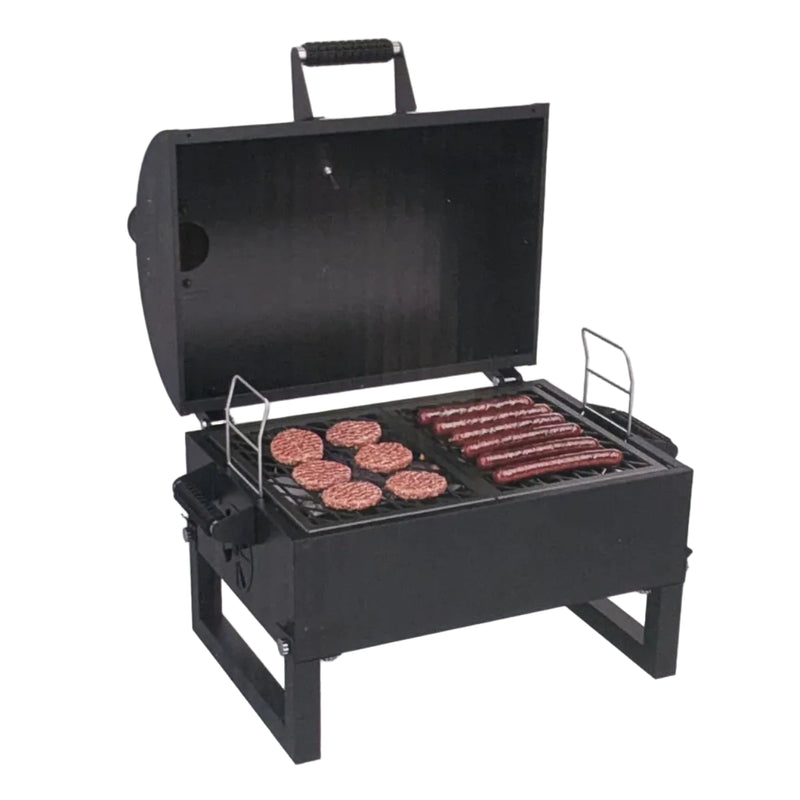 A black Steel Horse Outdoor Portable Charcoal Grill shown with its lid open, featuring a heavy-duty mesh cooking grate with several burger patties and sausages grilling over coals, and a large carrying handle on the lid. Displayed with a clean white background.