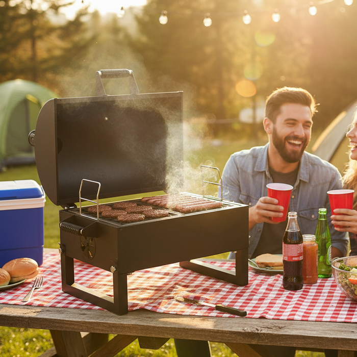 A couple laughing and enjoying drinks at a campsite while grilling burgers and sausages on a Steel Horse Outdoor portable charcoal grill placed on a picnic table with a red and white checkered tablecloth.
