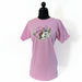 Front view of a pink Buc-ee's t-shirt on a mannequin featuring Buc-ee the beaver wearing a pink cowgirl hat and bow.