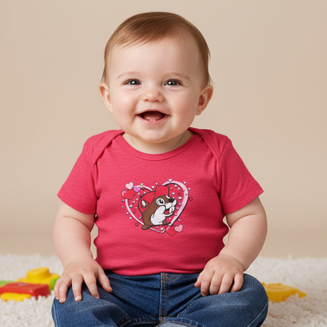Sucker for Buc-ee's Infant shirt on a baby sitting up.