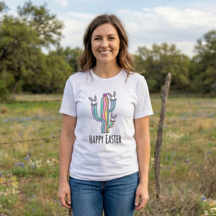 Woman wearing a white t-shirt with a colorful cactus design and 'Happy Easter' text, standing in a field with wildflowers.