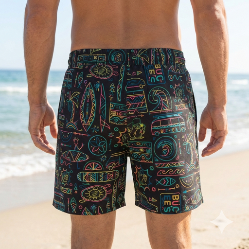 Person wearing colorful patterned shorts on a beach