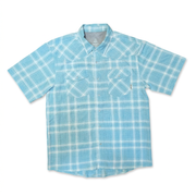 Turquoise and white plaid Buc-ee's 2026 performance fishing shirt with snap pockets, front view