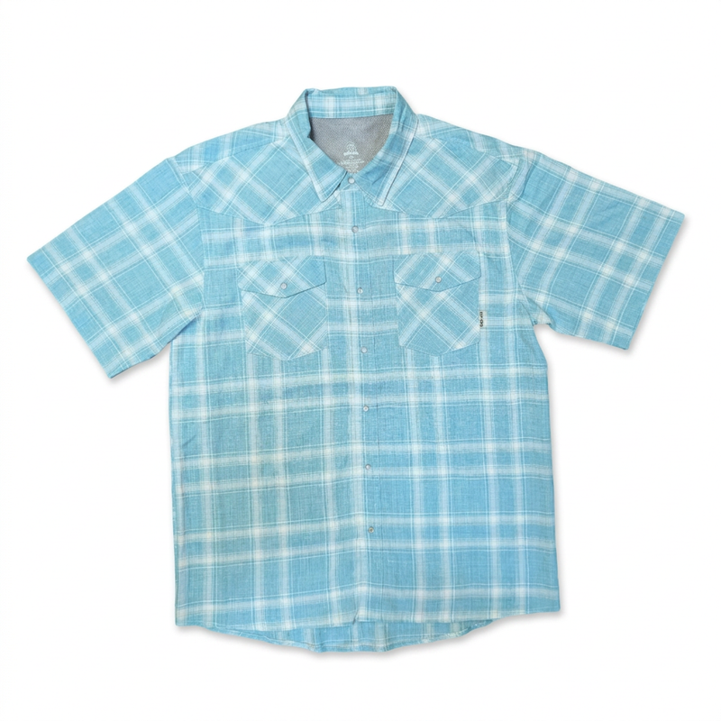 Turquoise and white plaid Buc-ee's 2026 performance fishing shirt with snap pockets, front view