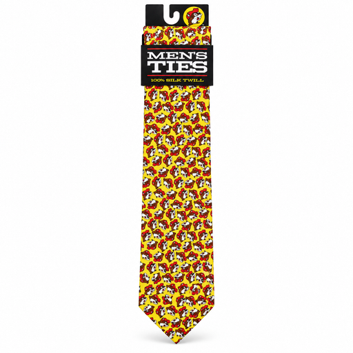 Yellow silk Buc-ee's necktie with red Buc-ee the Beaver pattern, packaged