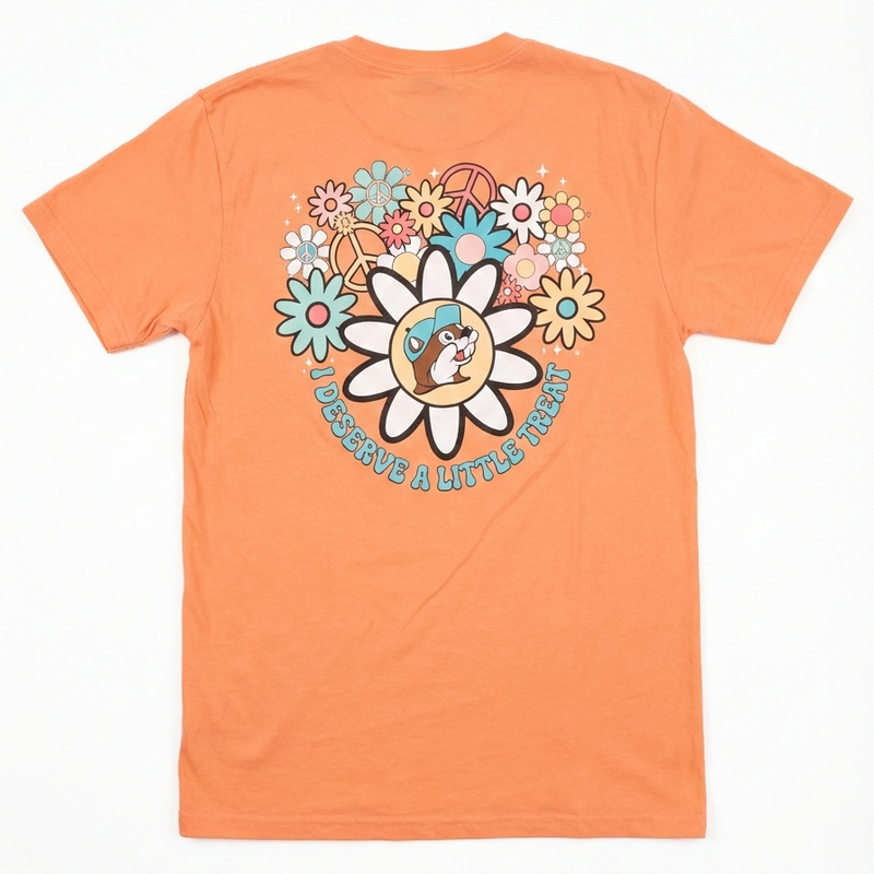 Back view of the Buc-ee's "I Deserve A Little Treat" Coral Shirt youth shirt.